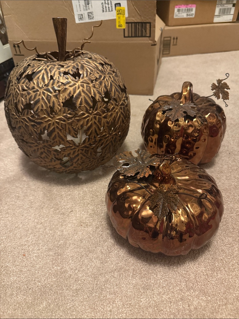 Set of 3 Metallic Copper Pumpkin Trio Decorative Accents (metal & glass)